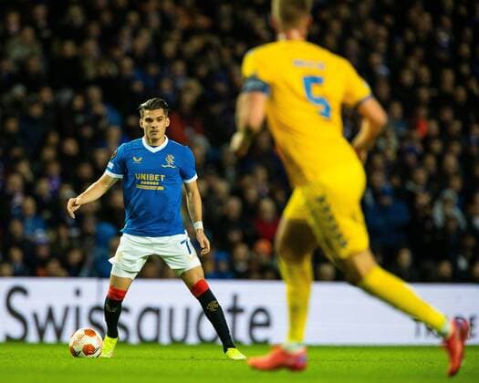 Mandatory Credit: Photo by Kirk O Rourke Rangers FC Shutterstock (12547535fs) Ianis Hagi of Rangers during the Europa League match at Ibrox Stadium, Glasgow. Rangers v Brondby, UEFA Europa League, Group A, Football, Ibrox Stadium, Glasgow, UK - 21 Oct 2021 EDITORIAL USE ONLY No use with unauthorised audio, video, data, fixture lists, club league logos or live services. Online in-match use limited to 120 images, no video emulation. No use in betting, games or single club league player publications. Rangers v Brondby, UEFA Europa League, Group A, Football, Ibrox Stadium, Glasgow, UK - 21 Oct 2021 EDITORIAL USE ONLY No use with unauthorised audio, video, data, fixture lists, club league logos or live services. Online in-match use limited to 120 images, no video emulation. No use in betting, games or single club league player publications. Copyright: xKirkxO Rourke RangersxFC Shutterstockx 12547535fs