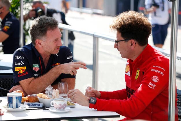 HORNER Christian (gbr), Team Principal of Red Bull Racing, BINOTTO Mattia (ita), Managing Director of the Scuderia Ferrari, portrait during the Formula 1 Aramco United States Grand Prix 2021, 17th round of the 2021 FIA Formula One World Championship, WM, Weltmeisterschaft from October 21 to 24, 2021 on the Circuit of the Americas, in Austin, Texas, United States of American - F1 - UNITED STATES GRAND PRIX 2021 DPPI Panoramic 00121035_F12021GP17USA_JK195482