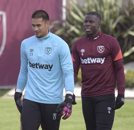 Mandatory Credit: Photo by Avril Husband West Ham United Shutterstock (12585911h) Alphonse Areola and Kurt Zouma of West Ham United come out prior to training West Ham United First Team Training, Rush Green Training Ground, London, UK - 03 Nov2021 EDITORIAL USE ONLY No use with unauthorised audio, video, data, fixture lists, club league logos or live services. Online in-match use limited to 120 images, no video emulation. No use in betting, games or single club league player publications. West Ham United First Team Training, Rush Green Training Ground, London, UK - 03 Nov2021 EDITORIAL USE ONLY No use with unauthorised audio, video, data, fixture lists, club league logos or live services. Online in-match use limited to 120 images, no video emulation. No use in betting, games or single club league player publications. Copyright: xAvrilxHusband WestxHamxUnited Shutterstockx 12585911h