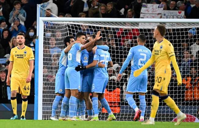 Manchester, United Kingdom - November 03 : Riyad Mahrez forward of Manchester City celebrates scoring a goal during the UEFA Champions League Group stage A match between Manchester City FC and Club Brugge on November 3, 2021 in Manchester, United Kingdom, 3 11 2021 ( Manchester City v Club Brugge - UEFA Champions League PhotoNews Panoramic