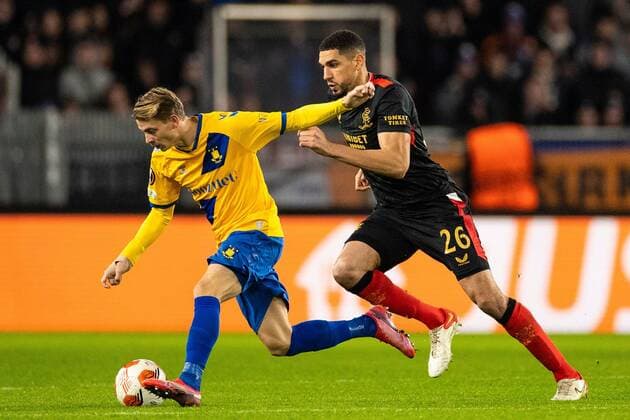 Mandatory Credit: Photo by Kirk O Rourke Shutterstock (12587237db) Leon Balogun of Rangers and Simon Hedlund of Brondby during the Europa League match at Brøndby Stadium, Copenhagen. Brondby v Rangers, UEFA Europa League Group A, Football, Brondy Stadium, Brondbyvester, Denmark - 04 Nov 2021 Brondby v Rangers, UEFA Europa League Group A, Football, Brondy Stadium, Brondbyvester, Denmark - 04 Nov 2021 Copyright: xKirkxO Rourke Shutterstockx 12587237db