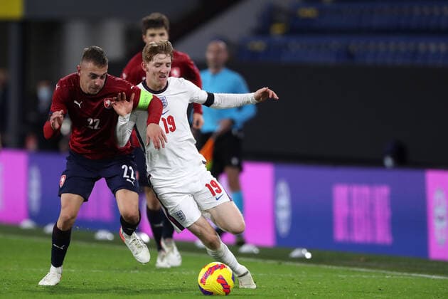 Mandatory Credit: Photo by Paul Greenwood Shutterstock (12598524s) Filip Kaloc of Czech Republic U21, U 21 and Anthony Gordon of England U21 England U21 v Czech Republic U21, UEFA U21 European Championship, EM, Europameisterschaft 2023 Qualifying, Group G, Football, Turf Moor, Burnley, UK - 11 Nov 2021 EDITORIAL USE ONLY No use with unauthorised audio, video, data, fixture lists, club league logos or live services. Online in-match use limited to 120 images, no video emulation. No use in betting, games or single club league player publications. England U21 v Czech Republic U21, UEFA U21 European Championship 2023 Qualifying, Group G, Football, Turf Moor, Burnley, UK - 11 Nov 2021 EDITORIAL USE ONLY No use with unauthorised audio, video, data, fixture lists, club league logos or live services. Online in-match use limited to 120 images, no video emulation. No use in betting, games or single club league player publications. Copyright: xPaulxGreenwood Shutterstockx 12598524s