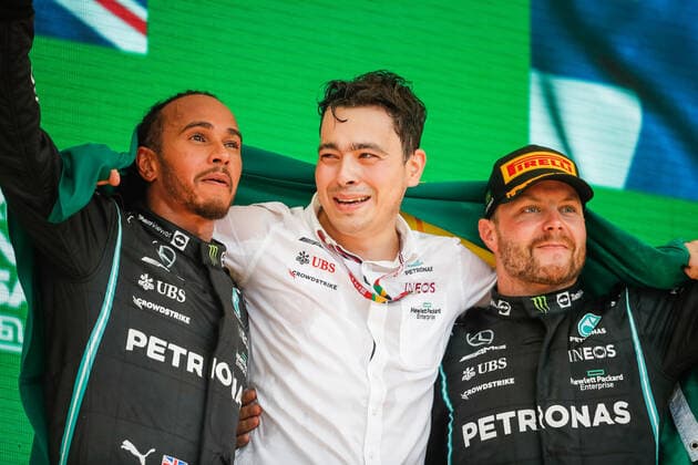 HAMILTON Lewis (gbr), Mercedes AMG F1 GP W12 E Performance, BOTTAS Valtteri (fin), Mercedes AMG F1 GP W12 E Performance, portrait podium during the Formula 1 Heineken Grande Premio De Sao Paulo 2021, Sao Paulo Grand Prix, 19th round of the 2021 FIA Formula One World Championship, WM, Weltmeisterschaft from November 12 to 14, 2021 on the Interlagos Circuit, in Sao Paulo, Brazil - F1 - SAO PAULO GRAND PRIX 2021 - RACE DPPI Panoramic 00121040__V2_0867