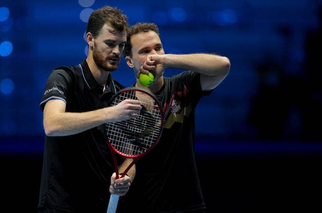 Mandatory Credit: Photo by Ella Ling Shutterstock (12603333u) Jamie Murray of GB and Bruno Soares of Brazil in action Nitto ATP, Tennis Herren World Tour Finals, Day 2, Tennis, Pala Alpitour, Turin, Italy - 15 Nov 2021 Nitto ATP World Tour Finals, Day 2, Tennis, Pala Alpitour, Turin, Italy - 15 Nov 2021 Copyright: xEllaxLing Shutterstockx 12603333u