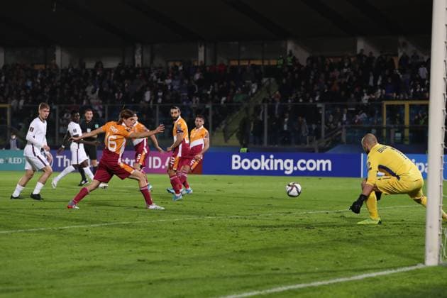 Serravalle, Italy, 15th November 2021. Bukayo Saka of England shoots goal wards with his effort being turned into his own net by Filippo Fabbri of San Marino to give England a 2-0 lead during the FIFA World Cup, WM, Weltmeisterschaft, Fussball 2022 - European Qualifying match at San Marino Stadium, Serravalle. Picture credit should read: Jonathan Moscrop Sportimage EDITORIAL USE ONLY. No use with unauthorised audio, video, data, fixture lists, club league logos or live services. Online in-match use limited to 120 images, no video emulation. No use in betting, games or single club league player publications. SPI-1312-0010