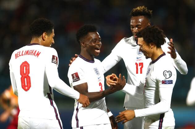 Fußball, WM Quali, San Marino - England Mandatory Credit: Photo by Kieran McManus Shutterstock (12603417bv) Bukayo Saka of England celebrates scoring a goal to make the score 0-10 San Marino v England, FIFA World Cup, WM, Weltmeisterschaft, Fussball 2022 Qualifying, Group I, Football, San Marino Stadium, Serravalle, San Marino - 15 Nov 2021 EDITORIAL USE ONLY No use with unauthorised audio, video, data, fixture lists, club league logos or live services. Online in-match use limited to 120 images, no video emulation. No use in betting, games or single club league player publications. San Marino v England, FIFA World Cup 2022 Qualifying, Group I, Football, San Marino Stadium, Serravalle, San Marino - 15 Nov 2021 EDITORIAL USE ONLY No use with unauthorised audio, video, data, fixture lists, club league logos or live services. Online in-match use limited to 120 images, no video emulation. No use in betting, games or single club league player publications. Copyright: xKieranxMcManus Shutterstockx 12603417bv