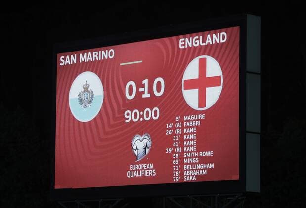 Sport Bilder des Tages Fußball, WM Quali, San Marino - England Mandatory Credit: Photo by Kieran McManus Shutterstock (12603417cg) The scoreboard shows the final score as San Marino 0-10 England San Marino v England, FIFA World Cup, WM, Weltmeisterschaft, Fussball 2022 Qualifying, Group I, Football, San Marino Stadium, Serravalle, San Marino - 15 Nov 2021 EDITORIAL USE ONLY No use with unauthorised audio, video, data, fixture lists, club league logos or live services. Online in-match use limited to 120 images, no video emulation. No use in betting, games or single club league player publications. San Marino v England, FIFA World Cup 2022 Qualifying, Group I, Football, San Marino Stadium, Serravalle, San Marino - 15 Nov 2021 EDITORIAL USE ONLY No use with unauthorised audio, video, data, fixture lists, club league logos or live services. Online in-match use limited to 120 images, no video emulation. No use in betting, games or single club league player publications. Copyright: xKieranxMcManus Shutterstockx 12603417cg