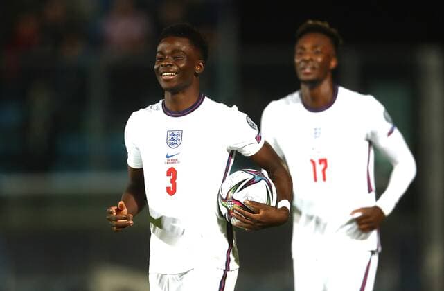 Fußball, WM Quali, San Marino - England Mandatory Credit: Photo by Kieran McManus Shutterstock (12603417ck) Bukayo Saka of England celebrates scoring a goal to make the score 0-10 San Marino v England, FIFA World Cup, WM, Weltmeisterschaft, Fussball 2022 Qualifying, Group I, Football, San Marino Stadium, Serravalle, San Marino - 15 Nov 2021 EDITORIAL USE ONLY No use with unauthorised audio, video, data, fixture lists, club league logos or live services. Online in-match use limited to 120 images, no video emulation. No use in betting, games or single club league player publications. San Marino v England, FIFA World Cup 2022 Qualifying, Group I, Football, San Marino Stadium, Serravalle, San Marino - 15 Nov 2021 EDITORIAL USE ONLY No use with unauthorised audio, video, data, fixture lists, club league logos or live services. Online in-match use limited to 120 images, no video emulation. No use in betting, games or single club league player publications. Copyright: xKieranxMcManus Shutterstockx 12603417ck
