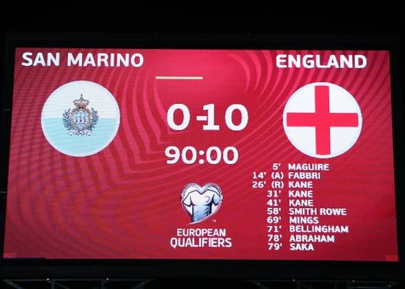 Serravalle, Italy, 15th November 2021. The final score is seen on the stadium scoreboard following the FIFA World Cup, WM, Weltmeisterschaft, Fussball 2022 - European Qualifying match at San Marino Stadium, Serravalle. Picture credit should read: Jonathan Moscrop Sportimage EDITORIAL USE ONLY. No use with unauthorised audio, video, data, fixture lists, club league logos or live services. Online in-match use limited to 120 images, no video emulation. No use in betting, games or single club league player publications. SPI-1312-0057