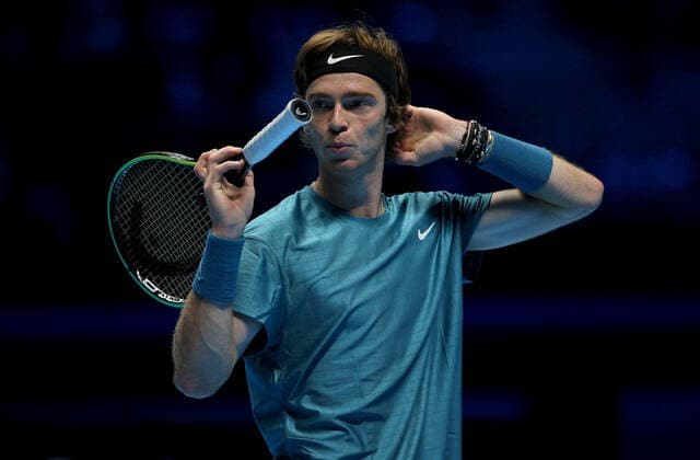 Mandatory Credit: Photo by Ella Ling Shutterstock (12603433o) Andrey Rublev of Russia frustrated Nitto ATP, Tennis Herren World Tour Finals, Day 4, Tennis, Pala Alpitour, Turin, Italy - 17 Nov 2021 Nitto ATP World Tour Finals, Day 4, Tennis, Pala Alpitour, Turin, Italy - 17 Nov 2021 Copyright: xEllaxLing Shutterstockx 12603433o