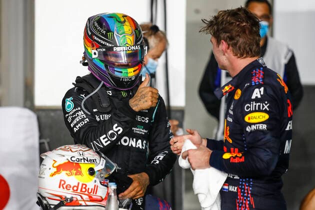 HAMILTON Lewis (gbr), Mercedes AMG F1 GP W12 E Performance, portrait VERSTAPPEN Max (ned), Red Bull Racing Honda RB16B, portrait during the Formula 1 Ooredoo Qatar Grand Prix 2021, 20th round of the 2021 FIA Formula One World Championship, WM, Weltmeisterschaft from November 19 to 21, 2021 on the Losail International Circuit, in Lusail, Qatar - F1 - QATAR GRAND PRIX 2021 - RACE DPPI Panoramic 00121042__B2_4958