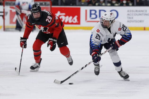 November 21, 2021, Kingston, Ontario, Canada: United States forward Amanda Kessel (28) carries the puck during first period action of the Rivalry series against Canada, in Kingston, Ont., Sunday, Nov. 21, 2021. Canada News - November 21, 2021 - ZUMAc35_ 0142511602st Copyright: xLarsxHagbergx