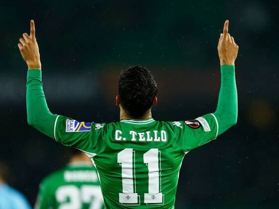 Mandatory Credit: Photo by Pressinphoto Shutterstock (12618144e) Cristian Tello of Real Betis celebrates his goal Real Betis v Ferencvaros TC, UEFA Europa League 2021-2022, date 5. Football, Benito Villamarin Stadium, Sevilla, Spain - 25 Nov 2021 Editorial use only Real Betis v Ferencvaros TC, UEFA Europa League 2021-2022, date 5. Football, Benito Villamarin Stadium, Sevilla, Spain - 25 Nov 2021 Editorial use only Copyright: xPressinphoto Shutterstockx 12618144e