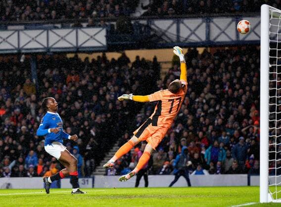Mandatory Credit: Photo by Stuart Wallace Shutterstock (12617589s) Joe Aribo of Rangers volleys the ball over Sparta Prague goalkeeper Dominik Holec but his effort went over the crossbar. Rangers v Sparta Prague, UEFA Europa League, Group A, Football, Ibrox Stadium, Glasgow, UK - 25 Nov 2021 EDITORIAL USE ONLY No use with unauthorised audio, video, data, fixture lists, club league logos or live services. Online in-match use limited to 120 images, no video emulation. No use in betting, games or single club league player publications. Rangers v Sparta Prague, UEFA Europa League, Group A, Football, Ibrox Stadium, Glasgow, UK - 25 Nov 2021 EDITORIAL USE ONLY No use with unauthorised audio, video, data, fixture lists, club league logos or live services. Online in-match use limited to 120 images, no video emulation. No use in betting, games or single club league player publications. Copyright: xStuartxWallace Shutterstockx 12617589s