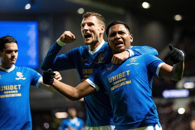 Mandatory Credit: Photo by Kirk O Rourke Rangers FC Shutterstock (12617967er) Alfredo Morelos of Rangers celebrates his first goal with Borna Barisic during the Europa League match at Ibrox Stadium, Glasgow. Rangers v Sparta Prague, UEFA Europa League, Group A, Football, Ibrox Stadium, Glasgow, UK - 25 Nov 2021 Rangers v Sparta Prague, UEFA Europa League, Group A, Football, Ibrox Stadium, Glasgow, UK - 25 Nov 2021 Copyright: xKirkxO Rourke RangersxFC Shutterstockx 12617967er