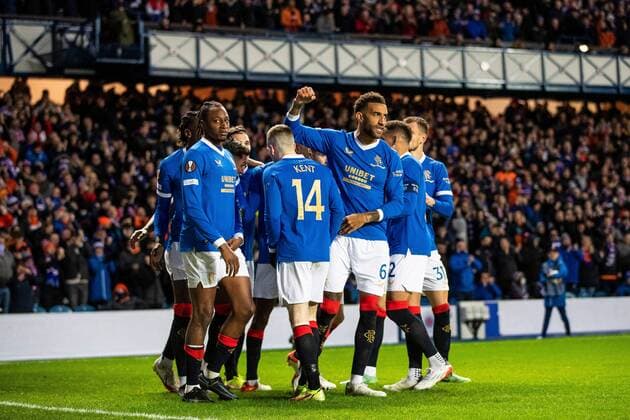 Mandatory Credit: Photo by Kirk O Rourke Rangers FC Shutterstock (12617967fa) Alfredo Morelos of Rangers celebrates his goal with his team mates during the Europa League match at Ibrox Stadium, Glasgow. Rangers v Sparta Prague, UEFA Europa League, Group A, Football, Ibrox Stadium, Glasgow, UK - 25 Nov 2021 Rangers v Sparta Prague, UEFA Europa League, Group A, Football, Ibrox Stadium, Glasgow, UK - 25 Nov 2021 Copyright: xKirkxO Rourke RangersxFC Shutterstockx 12617967fa