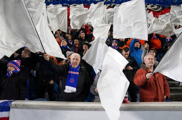 Mandatory Credit: Photo by Stuart Wallace Shutterstock (12617589ch) Rangers fans wave coloured flags in the Broomloan Road Stand Rangers v Sparta Prague, UEFA Europa League, Group A, Football, Ibrox Stadium, Glasgow, UK - 25 Nov 2021 EDITORIAL USE ONLY No use with unauthorised audio, video, data, fixture lists, club league logos or live services. Online in-match use limited to 120 images, no video emulation. No use in betting, games or single club league player publications. Rangers v Sparta Prague, UEFA Europa League, Group A, Football, Ibrox Stadium, Glasgow, UK - 25 Nov 2021 EDITORIAL USE ONLY No use with unauthorised audio, video, data, fixture lists, club league logos or live services. Online in-match use limited to 120 images, no video emulation. No use in betting, games or single club league player publications. Copyright: xStuartxWallace Shutterstockx 12617589ch