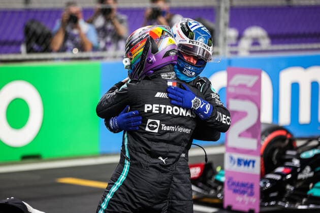 HAMILTON Lewis (gbr), Mercedes AMG F1 GP W12 E Performance, BOTTAS Valtteri (fin), Mercedes AMG F1 GP W12 E Performance, portrait during the Formula 1 stc Saudi Arabian Grand Prix 2021, 21th round of the 2021 FIA Formula One World Championship, WM, Weltmeisterschaft from December 3 to 5, 2021 on the Jeddah Corniche Circuit, in Jeddah, Saudi Arabia - F1 - SAUDI ARABIAN GRAND PRIX 2021 DPPI Panoramic 00121043_AV6_2772