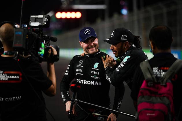 BOTTAS Valtteri (fin), Mercedes AMG F1 GP W12 E Performance, HAMILTON Lewis (gbr), Mercedes AMG F1 GP W12 E Performance, portrait during the Formula 1 stc Saudi Arabian Grand Prix 2021, 21th round of the 2021 FIA Formula One World Championship, WM, Weltmeisterschaft from December 3 to 5, 2021 on the Jeddah Corniche Circuit, in Jeddah, Saudi Arabia - F1 - SAUDI ARABIAN GRAND PRIX 2021 DPPI Panoramic 20211204_GOODEN_FGO07788