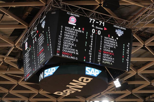 Anzeigetafel zeigt den Endstand der Partie GER, FC Bayern Basketball vs. Academics Heidelberg, Basketball, 1.Bundesliga, Saison 2021 2022, 06.12.2021, GER, FC Bayern Basketball vs. Academics Heidelberg, Basketball, 1.Bundesliga, Saison 2021 2022, 06.12.2021, Muenchen Copyright: xEIBNER MarcelxEngelbrechtx EP_EER