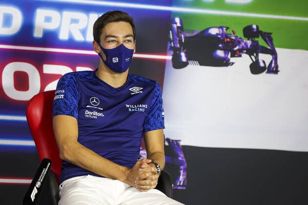 RUSSELL George (gbr), Williams Racing F1 FW43B, portrait, Thursday press conference, PK, Pressekonferenz during the Formula 1 Etihad Airways Abu Dhabi Grand Prix 2021, 22th round of the 2021 FIA Formula One World Championship, WM, Weltmeisterschaft from December 10 to 12, 2021 on the Yas Marina Circuit, in Yas Island, Abu Dhabi - F1 - ABU DHABI GRAND PRIX 2021 DPPI Panoramic 00121045_AV6_3982.JPG