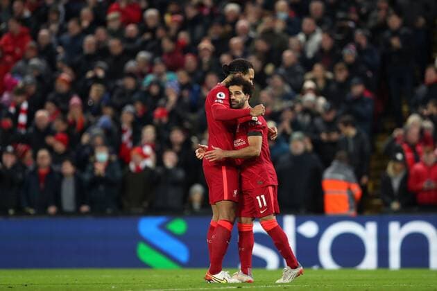 Mandatory Credit: Photo by Paul Greenwood Shutterstock (12638782ch) Virgil van Dijk of Liverpool congratulates Mohamed Salah after he scores the first goal to make the score 1-0 Liverpool v Aston Villa, Premier League, Football, Anfield, Liverpool, UK - 11 Dec 2021 EDITORIAL USE ONLY No use with unauthorised audio, video, data, fixture lists, club league logos or live services. Online in-match use limited to 120 images, no video emulation. No use in betting, games or single club league player publications. Liverpool v Aston Villa, Premier League, Football, Anfield, Liverpool, UK - 11 Dec 2021 EDITORIAL USE ONLY No use with unauthorised audio, video, data, fixture lists, club league logos or live services. Online in-match use limited to 120 images, no video emulation. No use in betting, games or single club league player publications. Copyright: xPaulxGreenwood Shutterstockx 12638782ch