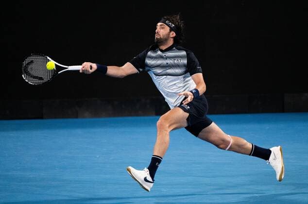 Mandatory Credit: Photo by Shutterstock (12757262ds) Nikoloz Basilashvili in action during his round of 16 match Sydney Tennis Classic, Day 4, Tennis, Olympic Park, Sydney, Australia - 12 Jan 2022 Sydney Tennis Classic, Day 4, Tennis, Olympic Park, Sydney, Australia - 12 Jan 2022 Copyright: xShutterstockx 12757262ds