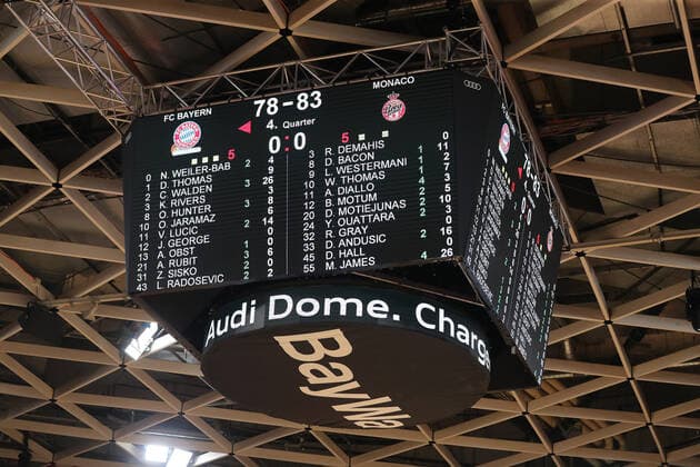 Anzeigetafel zeigt den Endstand GER, FC Bayern Basketball vs. AS Monaco, Basketball, EuroLeague, Saison 2021 2022, 13.01.2022, GER, FC Bayern Basketball vs. AS Monaco, Basketball, EuroLeague, Saison 2021 2022, 13.01.2022 Muenchen Copyright: xEIBNER MarcelxEngelbrechtx EP_EER