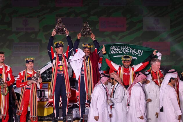 201 Al-Attiyah Nasser (qat), Baumel Batthieu (fra), Toyota Gazoo Racing, Toyota GR DKR Hilux T1+, Auto FIA T1 T2, W2RC, portrait, podium with 211 Loeb Sebastien (fra), Lurquin Fabian (bel), Bahrain Raid Xtreme, BRX Prodrive Hunter T1+, Auto FIA T1 T2, W2RC and 205 Al Rajhi Yazeed (sau), Orr Michael (gbr), Overdrive Toyota, Toyota Hilux Overdrive, Auto FIA T1 T2, W2RC during the Podium Finish of the Dakar Rally 2022, on January 14th 2022 in Jeddah, Saudi Arabia - AUTO - DAKAR 2022 - PODIUM FINISH DPPI Panoramic JDR55432