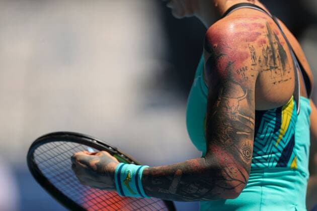 Mandatory Credit: Photo by Ella Ling Shutterstock (12763715h) Tereza Martincova tattoo during her second round match Australian Open, Day Three, Tennis, Melbourne Park, Melbourne, Australia - 19 Jan 2022 Australian Open, Day Three, Tennis, Melbourne Park, Melbourne, Australia - 19 Jan 2022 Copyright: xEllaxLing Shutterstockx 12763715h