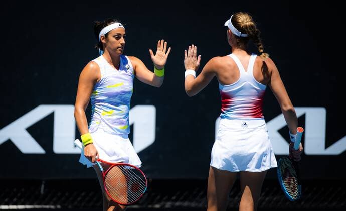 Mandatory Credit: Photo by Rob Prange Shutterstock (12763713fb) Caroline Garcia of France & Kristina Mladenovic of France in action during the first round of doubles of the 2022 Australian Open Grand Slam tennis tournament Australian Open, Day Three, Tennis, Melbourne Park, Melbourne, Australia - 19 Jan 2022 Australian Open, Day Three, Tennis, Melbourne Park, Melbourne, Australia - 19 Jan 2022 Copyright: xRobxPrange Shutterstockx 12763713fb