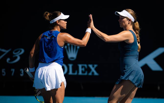 Mandatory Credit: Photo by Rob Prange Shutterstock (12763713eq) Danielle Collins of the United States & Desirae Krawczyk of the United States in action during the first round of doubles at the 2022 Australian Open Grand Slam tennis tournament Australian Open, Day Three, Tennis, Melbourne Park, Melbourne, Australia - 19 Jan 2022 Australian Open, Day Three, Tennis, Melbourne Park, Melbourne, Australia - 19 Jan 2022 Copyright: xRobxPrange Shutterstockx 12763713eq