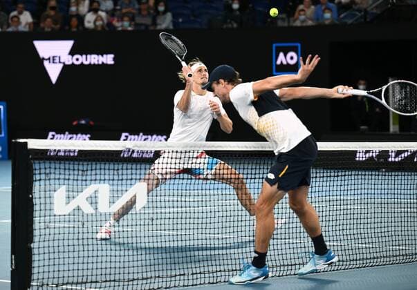Mandatory Credit: Photo by James Gourley Shutterstock (12763717gq) Alexander Zverev and John Millman during their second round match Australian Open, Day Three, Tennis, Melbourne Park, Melbourne, Australia - 19 Jan 2022 Australian Open, Day Three, Tennis, Melbourne Park, Melbourne, Australia - 19 Jan 2022 Copyright: xJamesxGourley Shutterstockx 12763717gq