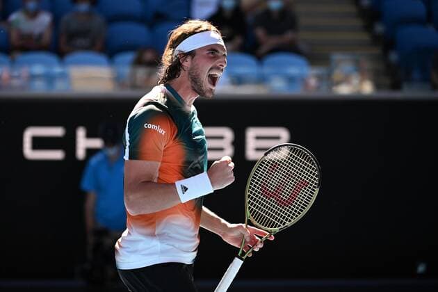 Mandatory Credit: Photo by James Gourley Shutterstock (12765058db) Stefanos Tsitsipas during his second round match Australian Open, Day Four, Tennis, Melbourne Park, Melbourne, Australia - 20 Jan 2022 Australian Open, Day Four, Tennis, Melbourne Park, Melbourne, Australia - 20 Jan 2022 Copyright: xJamesxGourley Shutterstockx 12765058db
