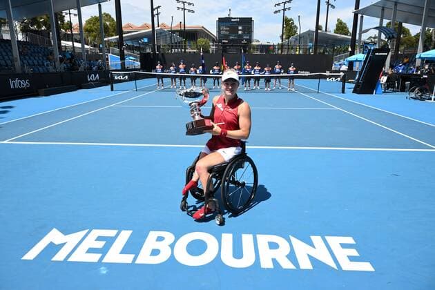 Mandatory Credit: Photo by James Gourley Shutterstock (12773760o) Diede De Groot celebrates her Women s Wheelchair Final win with the trophy Australian Open, Day Eleven, Tennis, Melbourne Park, Melbourne, Australia - 27 Jan 2022 Australian Open, Day Eleven, Tennis, Melbourne Park, Melbourne, Australia - 27 Jan 2022 Copyright: xJamesxGourley Shutterstockx 12773760o