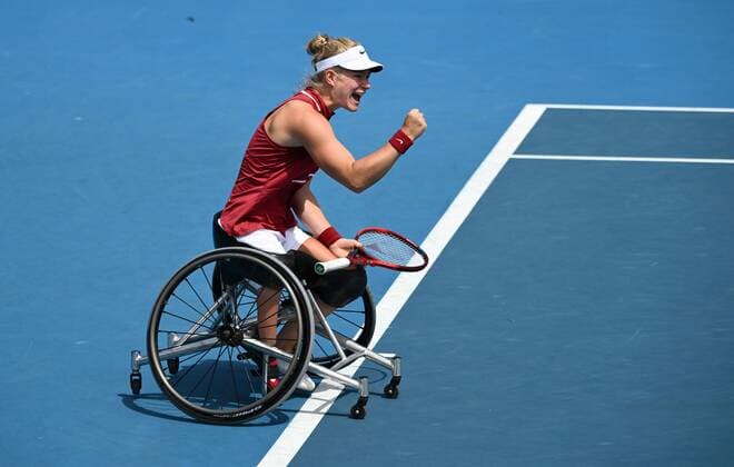 Mandatory Credit: Photo by James Gourley Shutterstock (12773760ac) Diede De Groot celebrates her Women s Wheelchair Final win Australian Open, Day Eleven, Tennis, Melbourne Park, Melbourne, Australia - 27 Jan 2022 Australian Open, Day Eleven, Tennis, Melbourne Park, Melbourne, Australia - 27 Jan 2022 Copyright: xJamesxGourley Shutterstockx 12773760ac