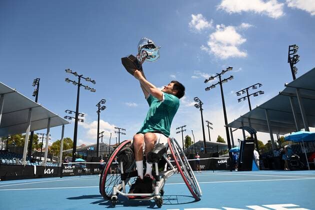 Mandatory Credit: Photo by James Gourley Shutterstock (12773760bt) Shingo Kunieda celebrates his win Australian Open, Day Eleven, Tennis, Melbourne Park, Melbourne, Australia - 27 Jan 2022 Australian Open, Day Eleven, Tennis, Melbourne Park, Melbourne, Australia - 27 Jan 2022 Copyright: xJamesxGourley Shutterstockx 12773760bt