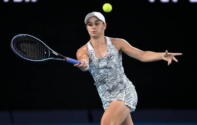 Mandatory Credit: Photo by James Gourley Shutterstock (12773760fj) Ashleigh Barty in semi final action Australian Open, Day Eleven, Tennis, Melbourne Park, Melbourne, Australia - 27 Jan 2022 Australian Open, Day Eleven, Tennis, Melbourne Park, Melbourne, Australia - 27 Jan 2022 Copyright: xJamesxGourley Shutterstockx 12773760fj