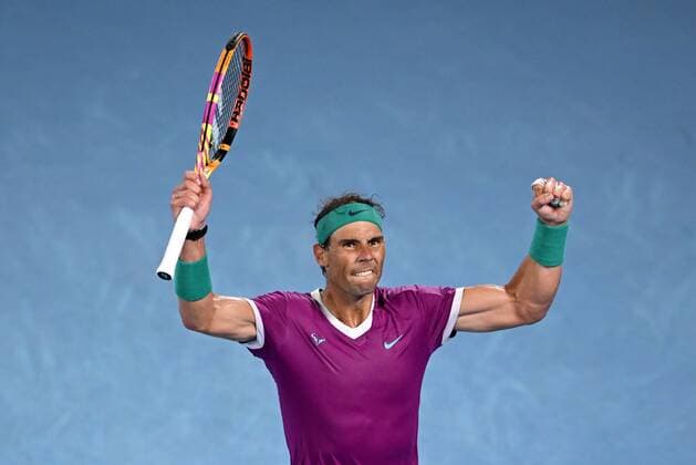 Mandatory Credit: Photo by James Gourley Shutterstock (12778011eq) Rafael Nadal celebrates during the Men s Singles final Australian Open, Day Fourteen, Tennis, Melbourne Park, Melbourne, Australia - 30 Jan 2022 Australian Open, Day Fourteen, Tennis, Melbourne Park, Melbourne, Australia - 30 Jan 2022 Copyright: xJamesxGourley Shutterstockx 12778011eq