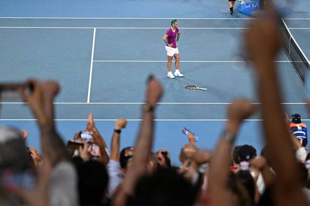 Mandatory Credit: Photo by James Gourley Shutterstock (12778011ft) Rafael Nadal celebrates victory in the Men s Singles final Australian Open, Day Fourteen, Tennis, Melbourne Park, Melbourne, Australia - 30 Jan 2022 Australian Open, Day Fourteen, Tennis, Melbourne Park, Melbourne, Australia - 30 Jan 2022 Copyright: xJamesxGourley Shutterstockx 12778011ft