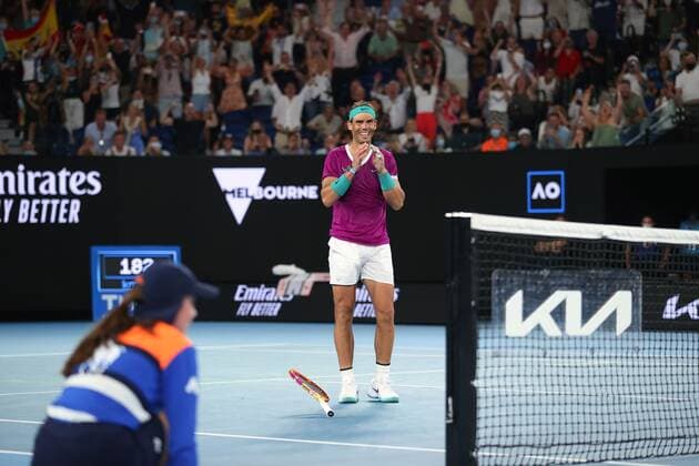 Mandatory Credit: Photo by Ella Ling Shutterstock (12778014fd) Rafael Nadal celebrates victory in the Men s Singles final Australian Open, Day Fourteen, Tennis, Melbourne Park, Melbourne, Australia - 30 Jan 2022 Australian Open, Day Fourteen, Tennis, Melbourne Park, Melbourne, Australia - 30 Jan 2022 Copyright: xEllaxLing Shutterstockx 12778014fd