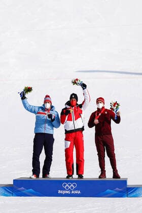 OLYMPICS - Winter Olympic Games, Olympische Spiele, Olympia, OS Beijing 2022 YANQING,CHINA,10.FEB.22 - OLYMPICS, ALPINE SKIING - Winter Olympic Games Beijing 2022, alpine combined, slalom, men. Image shows Aleksander Aamodt Kilde (NOR), Johannes Strolz (AUT) and James Crawford (CAN). GEPAxpictures xDanielxGoetzhaber