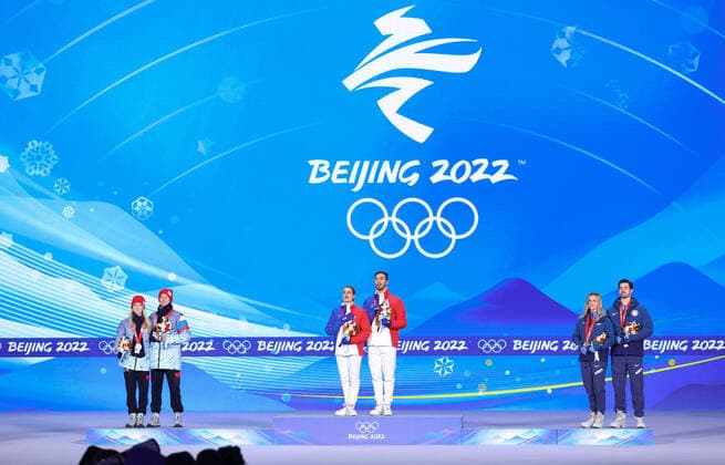 (220214) -- BEIJING, Feb. 14, 2022 -- Gold medalists Gabriella Papadakis Guillaume Cizeron (C) of France, silver medalists Victoria Sinitsina Nikita Katsalapov (L) of ROC and bronze medalists Madison Hubbell Zachary Donohue of the United States react during the awarding ceremony of Figure skating, Eiskunstlauf ice dance free dance at the Beijing Medals Plaza of the Winter Olympics in Beijing, capital of China, Feb. 14, 2022. ) (BEIJING2022)CHINA-BEIJING-OLYMPIC Winter games, Winterspiele,Spiele, Summer games AWARDING CEREMONY (CN) YangxLei