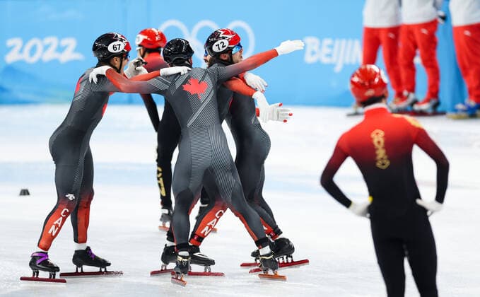 (220216) -- BEIJING, Feb. 16, 2022 -- Team Canada celebrate after winning the gold medal in the men s 5,000m relay final of short track Speed skating, Eisschnelllauf at Capital Indoor Stadium in Beijing, capital of China, Feb. 16, 2022. ) (BEIJING2022)CHINA-BEIJING-OLYMPIC Winter games, Winterspiele,Spiele, Summer games SHORT TRACK SPEED SKATING (CN) LanxHongguang