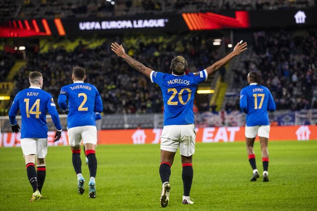 Mandatory Credit: Photo by Kirk O Rourke Rangers FC Shutterstock (12811477cl) Rangers Forward Alfredo Morelos celebrates scoring his sides second goal during the Europa League match at the Signal Iduna Park, Dortmund. Borussia Dortmund v Rangers, UEFA Europa League, Round of 32, Westfalenstadion, Dortmund, Germany - 17 Feb 2022 Borussia Dortmund v Rangers, UEFA Europa League, Round of 32, Westfalenstadion, Dortmund, Germany - 17 Feb 2022 Copyright: xKirkxO Rourke RangersxFC Shutterstockx 12811477cl