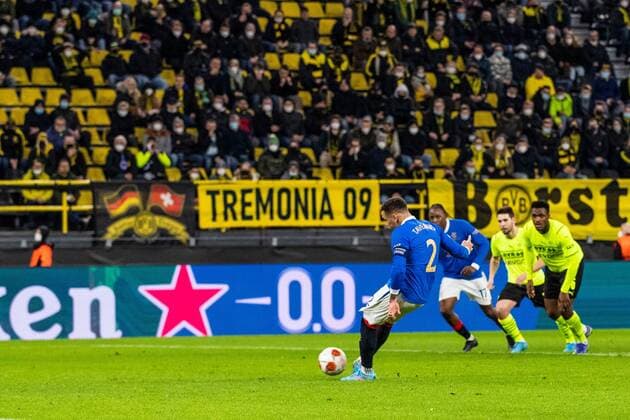 Mandatory Credit: Photo by Kirk O Rourke Rangers FC Shutterstock (12811477ci) Rangers Defender James Tavernier scores his sides first goal during the Europa League match at the Signal Iduna Park, Dortmund. Borussia Dortmund v Rangers, UEFA Europa League, Round of 32, Westfalenstadion, Dortmund, Germany - 17 Feb 2022 Borussia Dortmund v Rangers, UEFA Europa League, Round of 32, Westfalenstadion, Dortmund, Germany - 17 Feb 2022 Copyright: xKirkxO Rourke RangersxFC Shutterstockx 12811477ci