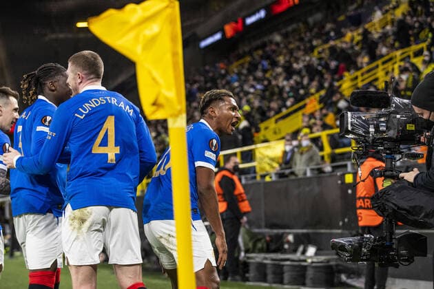 Mandatory Credit: Photo by Kirk O Rourke Rangers FC Shutterstock (12811477cj) Rangers Forward Alfredo Morelos celebrates scoring his sides second goal during the Europa League match at the Signal Iduna Park, Dortmund. Borussia Dortmund v Rangers, UEFA Europa League, Round of 32, Westfalenstadion, Dortmund, Germany - 17 Feb 2022 Borussia Dortmund v Rangers, UEFA Europa League, Round of 32, Westfalenstadion, Dortmund, Germany - 17 Feb 2022 Copyright: xKirkxO Rourke RangersxFC Shutterstockx 12811477cj