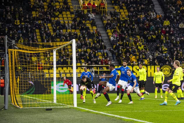 Mandatory Credit: Photo by Kirk O Rourke Rangers FC Shutterstock (12811477cb) Rangers Forward Alfredo Morelos scores his sides second goal during the Europa League match at the Signal Iduna Park, Dortmund. Borussia Dortmund v Rangers, UEFA Europa League, Round of 32, Westfalenstadion, Dortmund, Germany - 17 Feb 2022 Borussia Dortmund v Rangers, UEFA Europa League, Round of 32, Westfalenstadion, Dortmund, Germany - 17 Feb 2022 Copyright: xKirkxO Rourke RangersxFC Shutterstockx 12811477cb