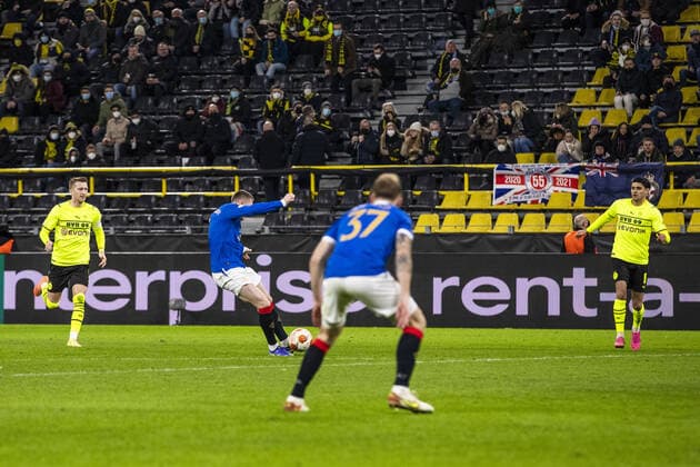 Mandatory Credit: Photo by Kirk O Rourke Rangers FC Shutterstock (12811477dh) Rangers Midfielder John Lundstram scores his sides third goal during the Europa League match at the Signal Iduna Park, Dortmund. Borussia Dortmund v Rangers, UEFA Europa League, Round of 32, Westfalenstadion, Dortmund, Germany - 17 Feb 2022 Borussia Dortmund v Rangers, UEFA Europa League, Round of 32, Westfalenstadion, Dortmund, Germany - 17 Feb 2022 Copyright: xKirkxO Rourke RangersxFC Shutterstockx 12811477dh