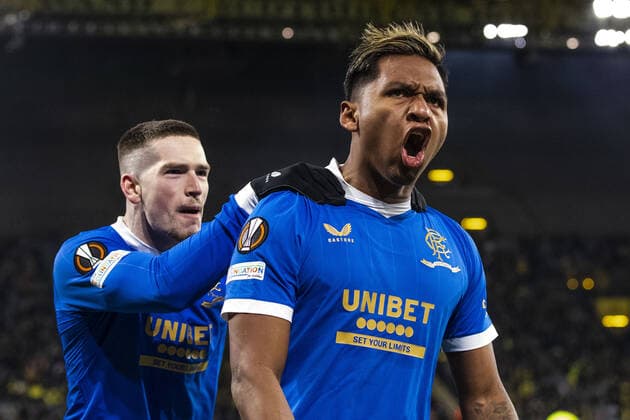 Mandatory Credit: Photo by Kirk O Rourke Rangers FC Shutterstock (12811477eo) Rangers Forward Alfredo Morelos celebrates scoring his sides fourth goal during the Europa League match at the Signal Iduna Park, Dortmund. Borussia Dortmund v Rangers, UEFA Europa League, Round of 32, Westfalenstadion, Dortmund, Germany - 17 Feb 2022 Borussia Dortmund v Rangers, UEFA Europa League, Round of 32, Westfalenstadion, Dortmund, Germany - 17 Feb 2022 Copyright: xKirkxO Rourke RangersxFC Shutterstockx 12811477eo